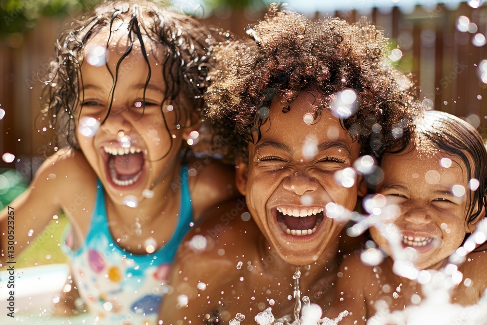 Joyful children splashing water in backyard pool on a sunny summer day while enjoying playful moments together Joyful children splashing water in backyard pool on a sunny summer day while enjoying playful moments together