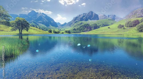 A pristine lake mirrors the lush green hills and majestic mountains under a bright blue sky. Gentle ripples and floating petals create a tranquil and dreamlike ambiance.