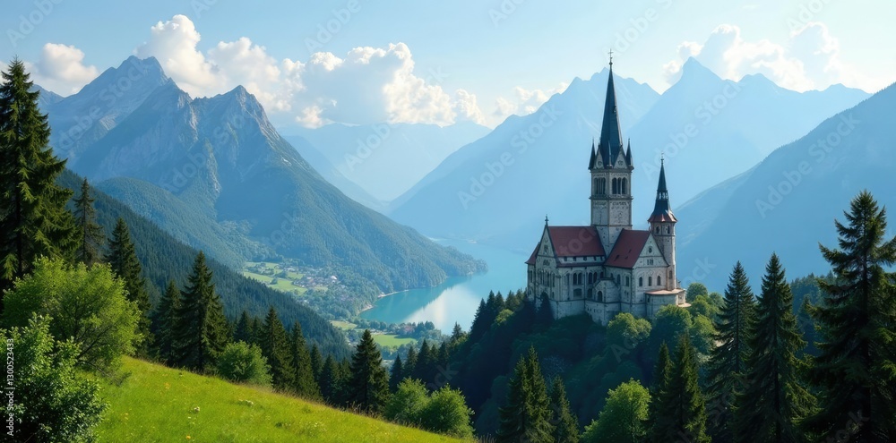 Fototapeta premium Tall mountains and trees in front of a tranquil cathedral, serene, tall