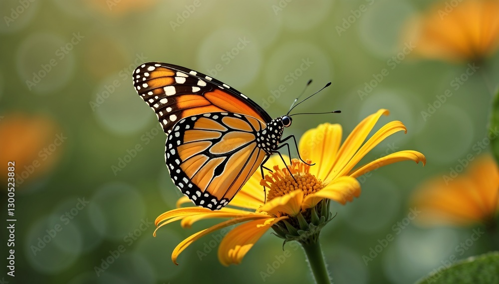 Monarch butterfly perched on vibrant yellow flower in sunny garden Monarch butterfly perched on vibrant yellow flower in sunny garden