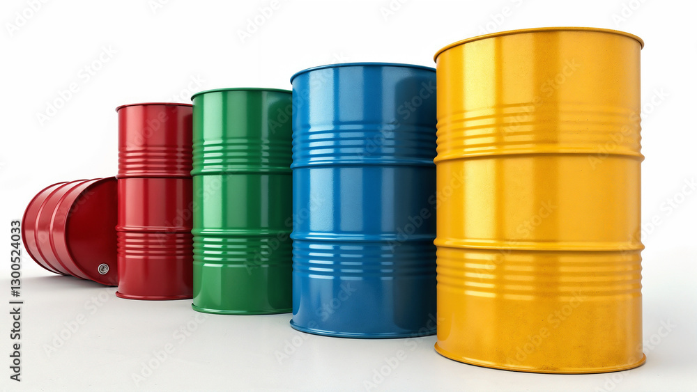 Colorful oil barrels arranged in a row on white background Colorful oil barrels arranged in a row on white background