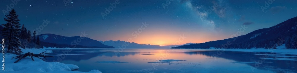 Golden starry night scene with light blue gradient on a frozen lake, peaceful, calm, ice Golden starry night scene with light blue gradient on a frozen lake, peaceful, calm, ice