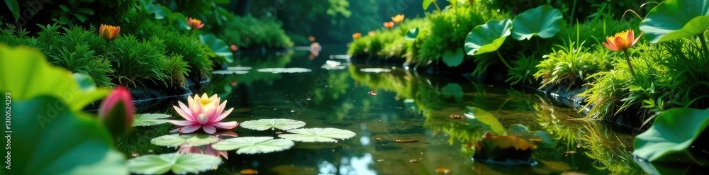 Lush greenery surrounds a small pond with water lilies and aquatic plants, ponds, ponds Lush greenery surrounds a small pond with water lilies and aquatic plants, ponds, ponds