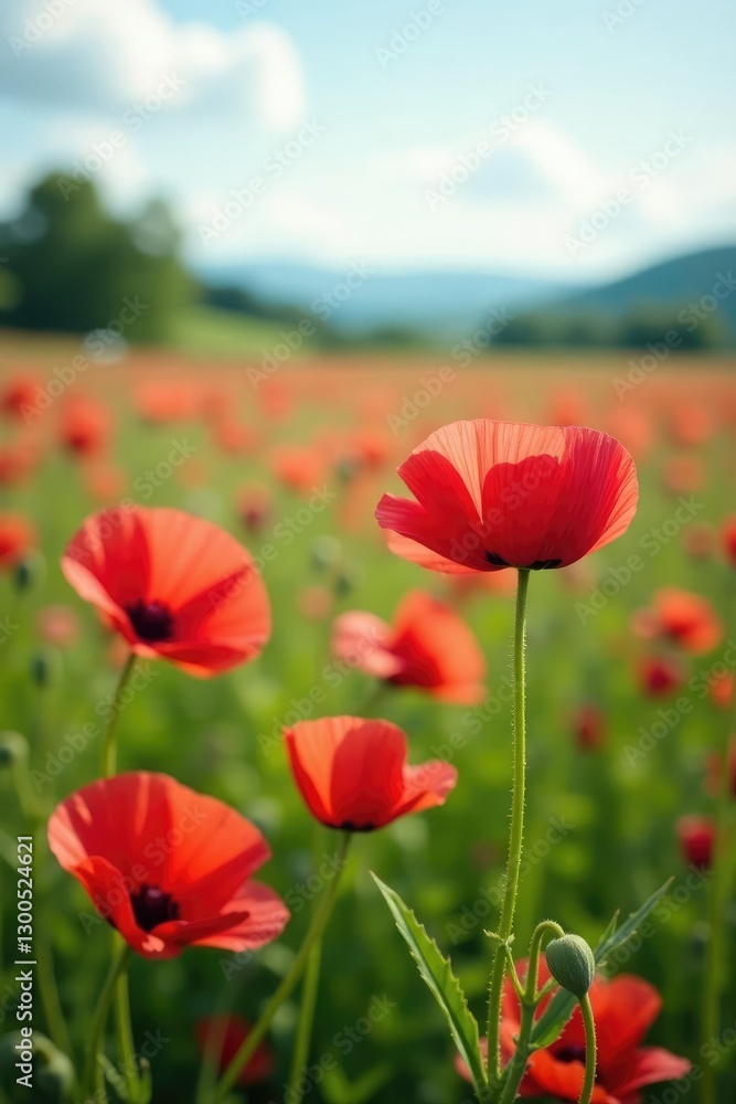 Obraz premium Pink wild red poppies swaying in spring breeze, colorful wildflowers, field of flowers, nature landscapes