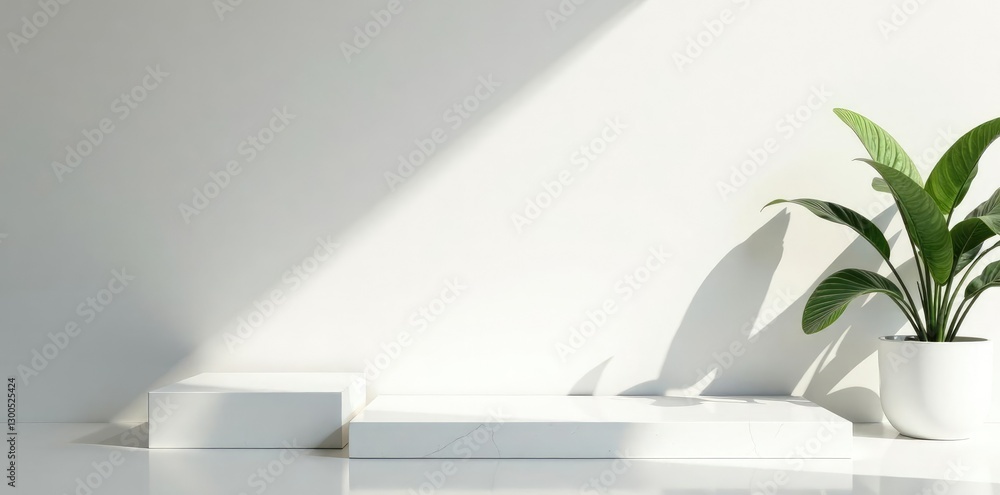White marble square podiums under sunlight with deep white shadows, space, bright, decor White marble square podiums under sunlight with deep white shadows, space, bright, decor