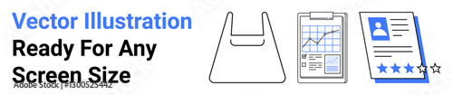 Minimalist designs of a shopping bag, performance checklist with graph, and profile card with star rating. Ideal for ecommerce, business tools, analytics, resumes, productivity, profiles reviews
