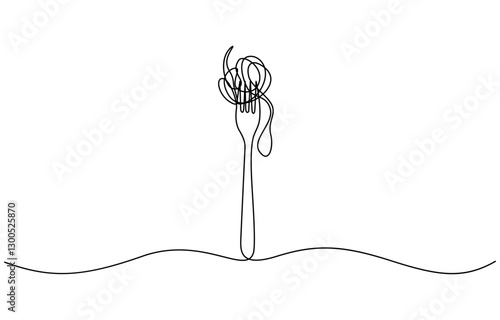 Single continuous line drawing of delicious spaghetti with fork, Fork with pasta in One Continuous line drawing. Italian spaghetti noodle for web banner and food delivery service in simple line.