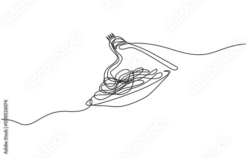 Single continuous line drawing of delicious spaghetti with fork, Fork with pasta in One Continuous line drawing. Italian spaghetti noodle for web banner and food delivery service in simple line.