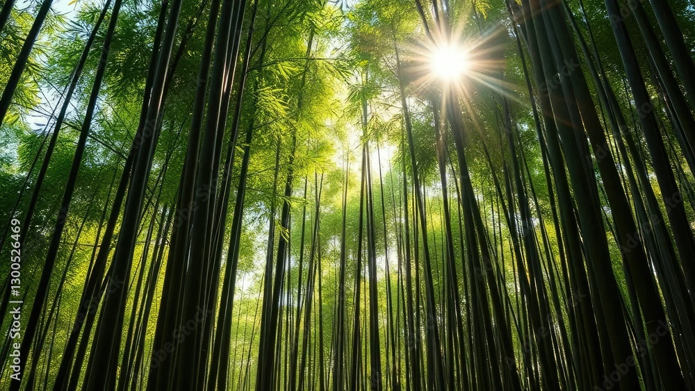 Fototapeta premium Bamboo forest with sun rays filtering through green leaves, bamboo forest, vertical forest