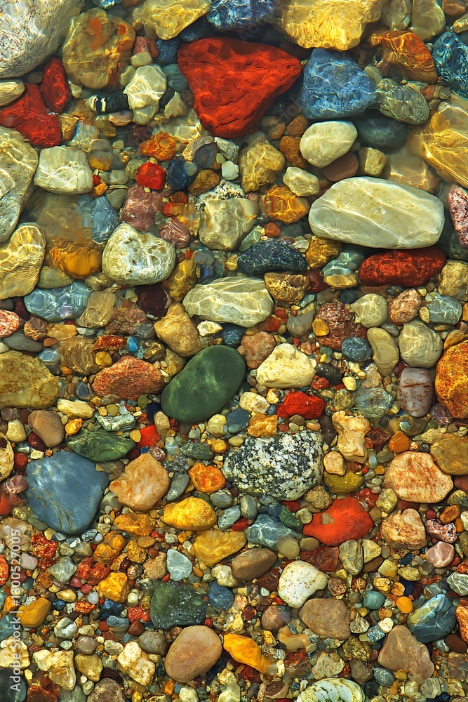 Captivating riverbed mosaic, Colorful pebbles shimmering beneath clear water