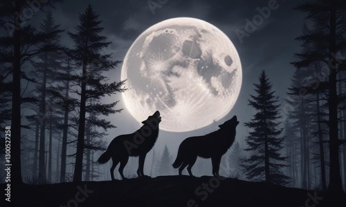 Full moon night forest with howling wolf in silhouette,  wolf,  full moon