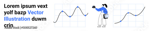 Woman holding a tablet analyzing rising and falling graph lines. Visualizes data trends, decision-making, research, finance, analytics, marketing, technology. Ideal for business presentation flat