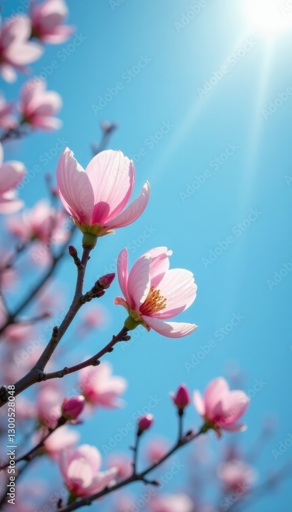 Obraz premium Delicate petals unfurl on slender branches against a radiant blue sky, foliage, blue sky, spring