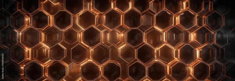 Illuminated hexagonal metal structure emitting gentle warm glow, decorative metalwork, metallic finishes Illuminated hexagonal metal structure emitting gentle warm glow, decorative metalwork, metallic finishes