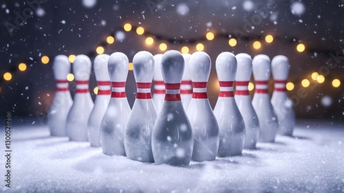 Winter Wonderland Bowling Scene – Classic Bowling Pins Lined Up in Snow with Gentle Snowflakes and Festive Bokeh Lights, Perfect for Holiday-Themed Sports or Recreational Concepts