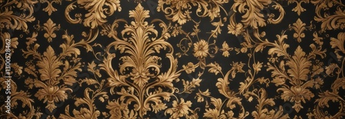 Intricate damask design with golden foliage accents, damask,  high quality,  floral pattern