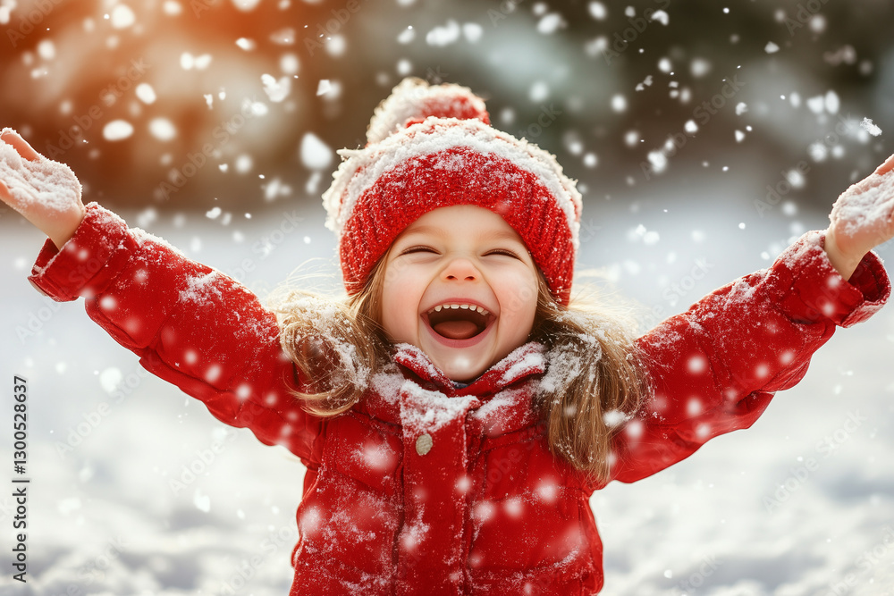Excited child playing in fresh white snow, arms wide open, enjoying winter fun with copy space. Soft cool lighting. Snowy forest background. Excited child playing in fresh white snow, arms wide open, enjoying winter fun with copy space. Soft cool lighting. Snowy forest background.
