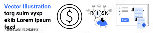 Dollar sign, person assessing risks, and online payment form. Ideal for finance, risk management, banking, investments, e-commerce, decision-making and abstract line flat metaphor