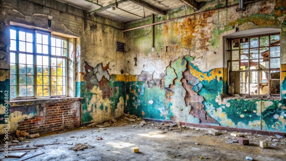 Faded graffiti on a cracked, damp wall inside an abandoned building Faded graffiti on a cracked, damp wall inside an abandoned building