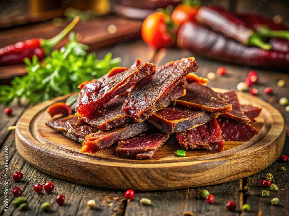 Rustic beef jerky: Country-style dried meat snack, perfectly presented on a wooden board. Rustic beef jerky: Country-style dried meat snack, perfectly presented on a wooden board.