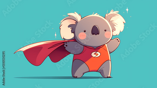 Cute cartoon koala dressed as a superhero with a cape, posing confidently against a vibrant backdrop