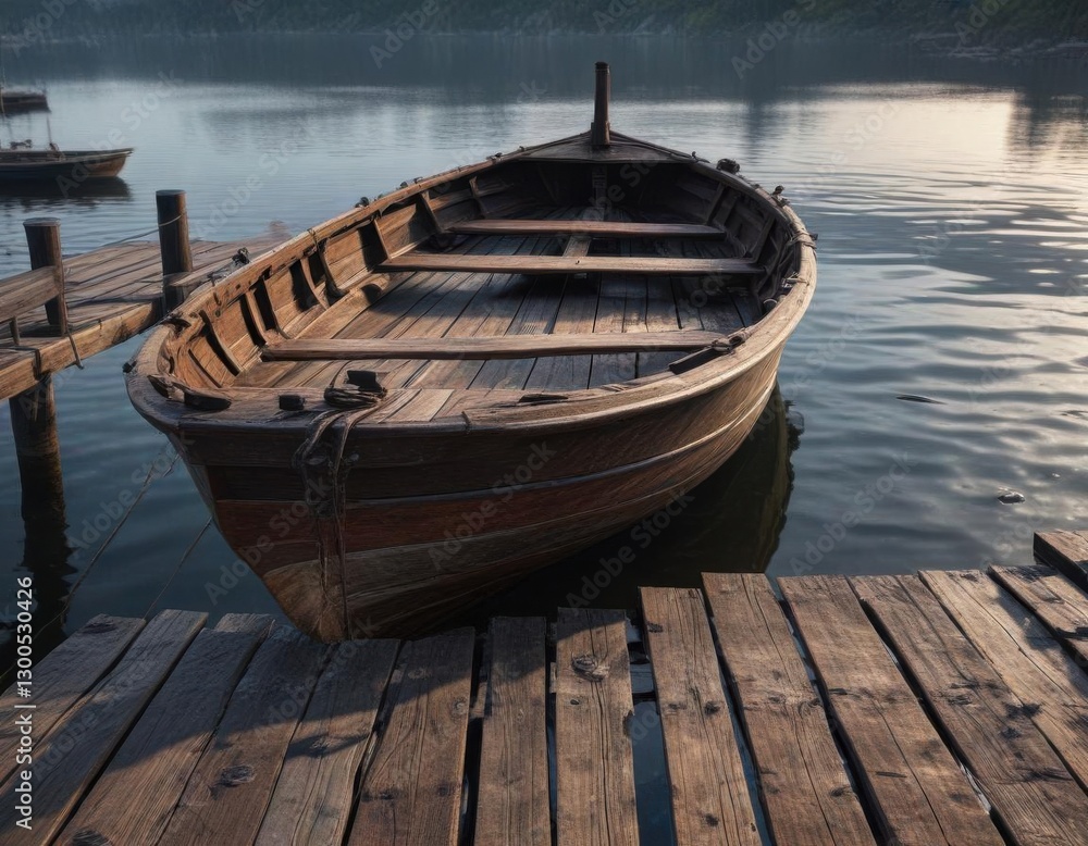 Old wooden boat on dock with weathered dark wood planks, nautical, marine, wooden furniture Old wooden boat on dock with weathered dark wood planks, nautical, marine, wooden furniture