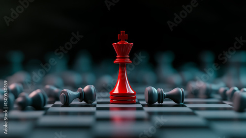 striking red queen chess piece stands tall amidst fallen pawns, symbolizing victory and strategy in game of intellect