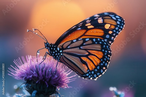 a delicate monarch butterfly perched on a dewy purple thistle flower at sunrise wings spread in ethereal morning light macro photography with bokeh effect