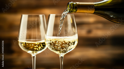 Golden white wine flows gracefully from a bottle into two glasses, illuminated by soft ambient light, creating a refined, minimal, and elegant composition perfect for celebrations.