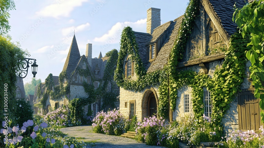 Fototapeta premium fairytale-inspired village where ivy-covered cottages bloom in spring.
