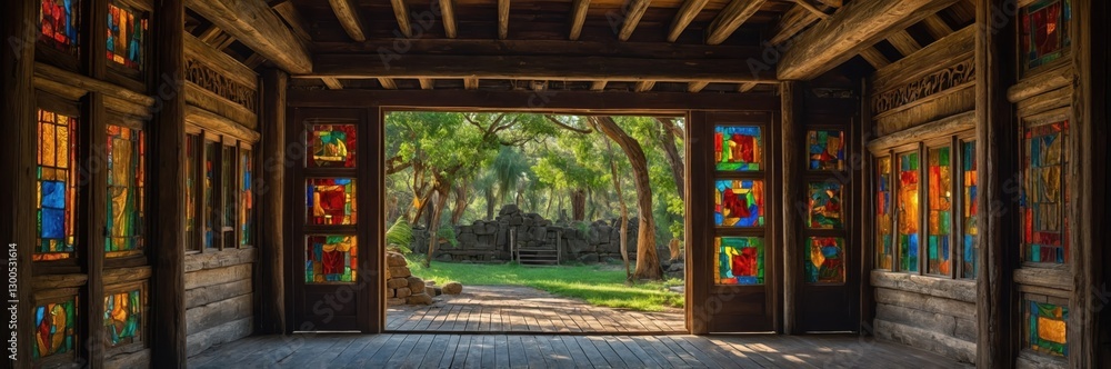 Stained Glass Cabin View. Tranquil Wood Cabin with Forest View Through Colorful Glass Stained Glass Cabin View. Tranquil Wood Cabin with Forest View Through Colorful Glass