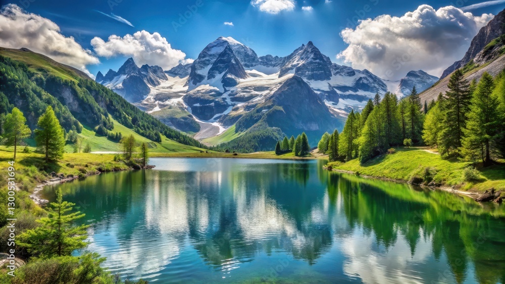 Breathtaking panorama of snow-capped mountains and serene lake surrounded by lush greenery in a tranquil alpine landscape, retreat Breathtaking panorama of snow-capped mountains and serene lake surrounded by lush greenery in a tranquil alpine landscape, retreat