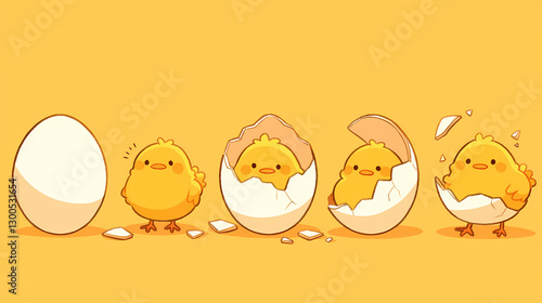 Cute cartoon chicks hatching from eggs against a bright yellow background, symbolizing new beginnings