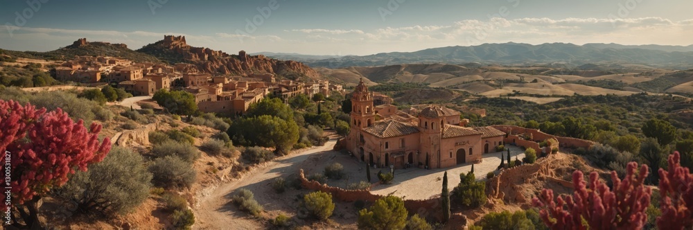 Obraz premium Quaint Village Vista. Rooftops, Rolling Hills, and Timeless Beauty Under Clear Sky.