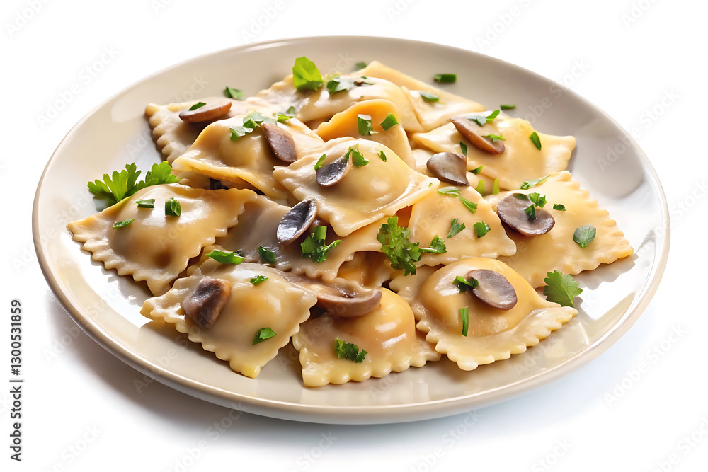 delicious plate of mushroom ravioli image isolated on white background delicious plate of mushroom ravioli image isolated on white background
