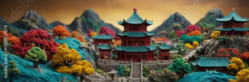 Captivating Chinese Pagodas in Autumn Landscape.  Tranquil Mountain Temples and Rich Foliage