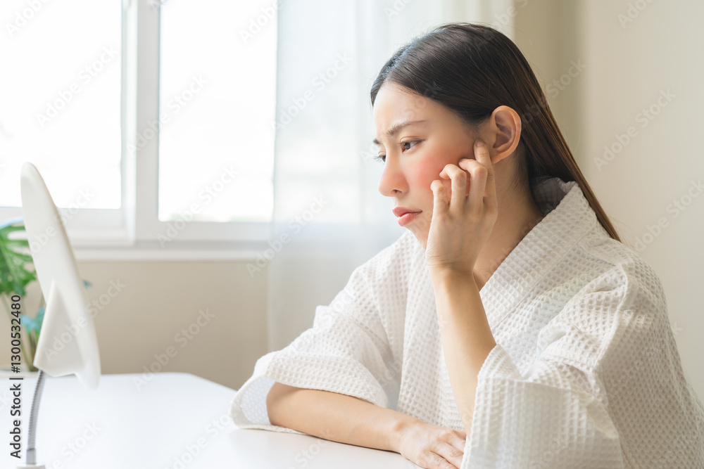 Dermatology, scratch asian young woman looking at mirror, expression worry and itch, itchy allergy or allergic sensitive reaction, red spot or rash on her face. Beauty care from skin problem treatment Dermatology, scratch asian young woman looking at mirror, expression worry and itch, itchy allergy or allergic sensitive reaction, red spot or rash on her face. Beauty care from skin problem treatment