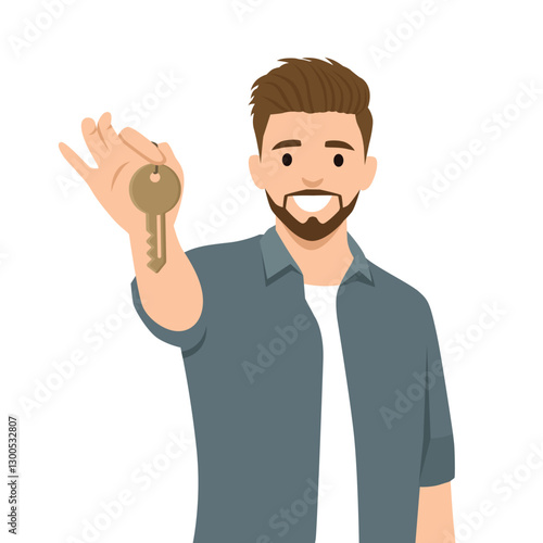 Cheerful man holds up a key, symbolizing homeownership, success, or a fresh start. Flat vector illustration isolated on white background