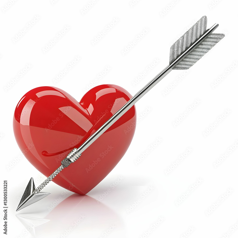 A sleek chrome arrow pierces a shiny red heart, symbolizing love, passion, and precision, isolated against a clean white background. A sleek chrome arrow pierces a shiny red heart, symbolizing love, passion, and precision, isolated against a clean white background.