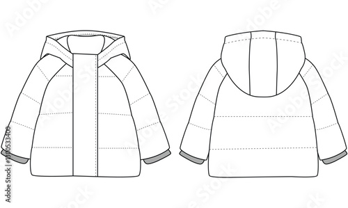 Baby Boys Girls puffer jacket Hoods vector Mockup Coat template design	