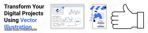 Graphical interface with dashboards, data analytics, e-commerce shop, and thumbs-up icon. Ideal for analysis, marketing, business, creativity, data online store visuals flat landing page banner