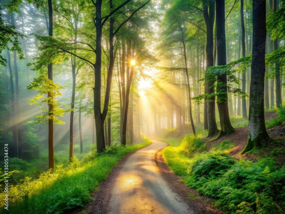 Obraz premium Sun-dappled path winds through mist-shrouded summer woods, minimalist serenity.