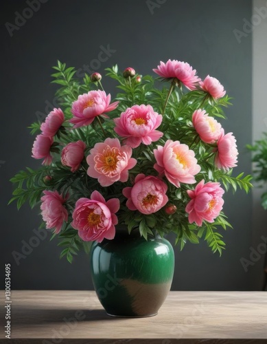 Wallpaper Mural Colorful peony flowers in a vase, lush green foliage ,  illustration,  blooms Torontodigital.ca