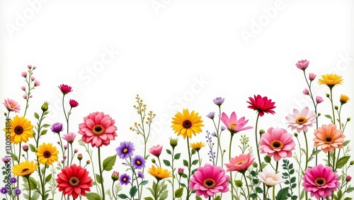 Vibrant Floral Border with Colorful Flowers and Greenery on a White Background