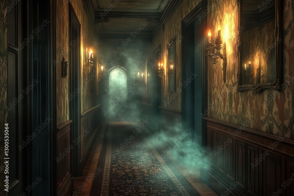 a dimly lit victorian hallway with antique mirrors mysterious shadows and ethereal mist creeping along ornate wallpaper