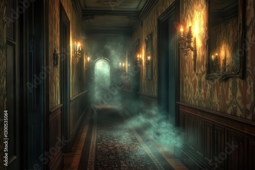 Obraz na płótnie a dimly lit victorian hallway with antique mirrors mysterious shadows and ethereal mist creeping along ornate wallpaper w salonie