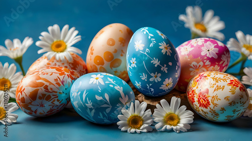 colorful easter eggs with spring flowers on a blue background festive holiday design