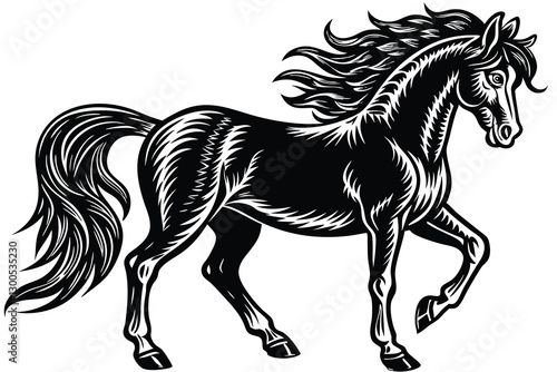 a black and white drawing of a horse