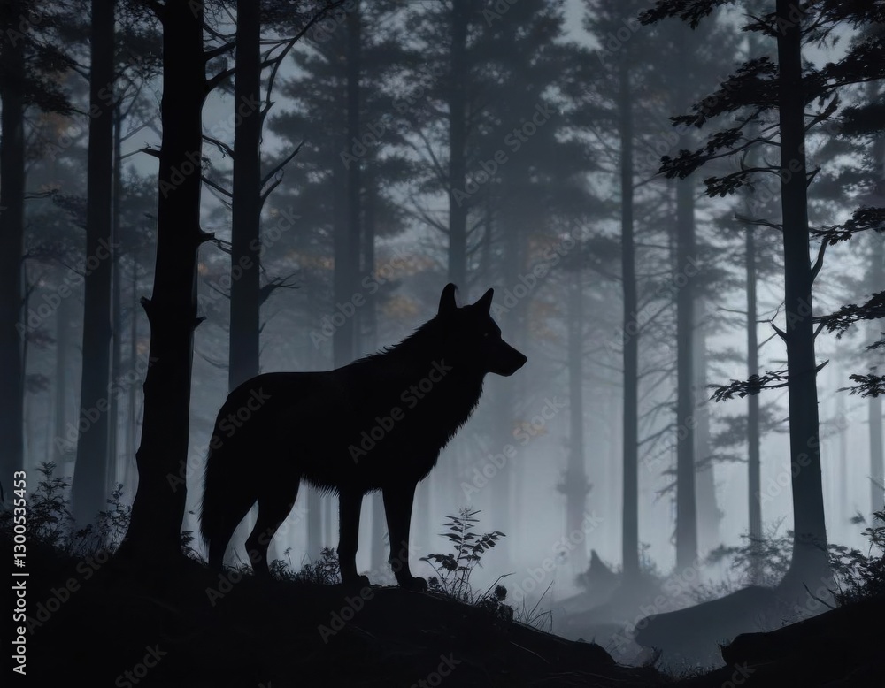 Fototapeta premium Dark forest with only silhouette of a wolf in the trees, nature, forest, wildlife