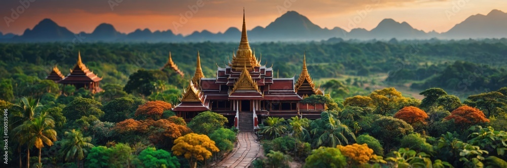 Fototapeta premium Temple in Forest, Golden Architecture with Pathway, Green Landscape, Tropical Ambiance from Above.